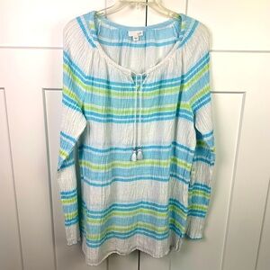 J Jill LARGE Gauze Cotton Boho Blouse White Blue Stripe Tassels Long Sleeve